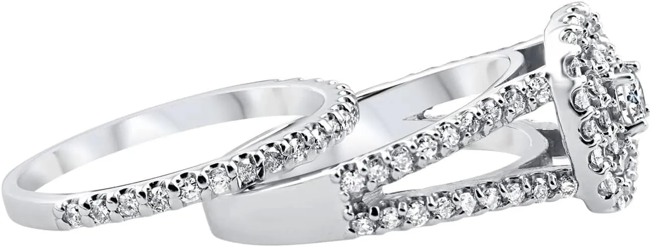 2 ct Cushion Halo Engagement Wedding Ring Set Platinum-Plated Sterling Silver Engagement Rings for Women Bridal Set 2 Piece Ring Sets Moissanite Anniversary Promise Rings for Her (Available in size 6, 7, 8, 9)