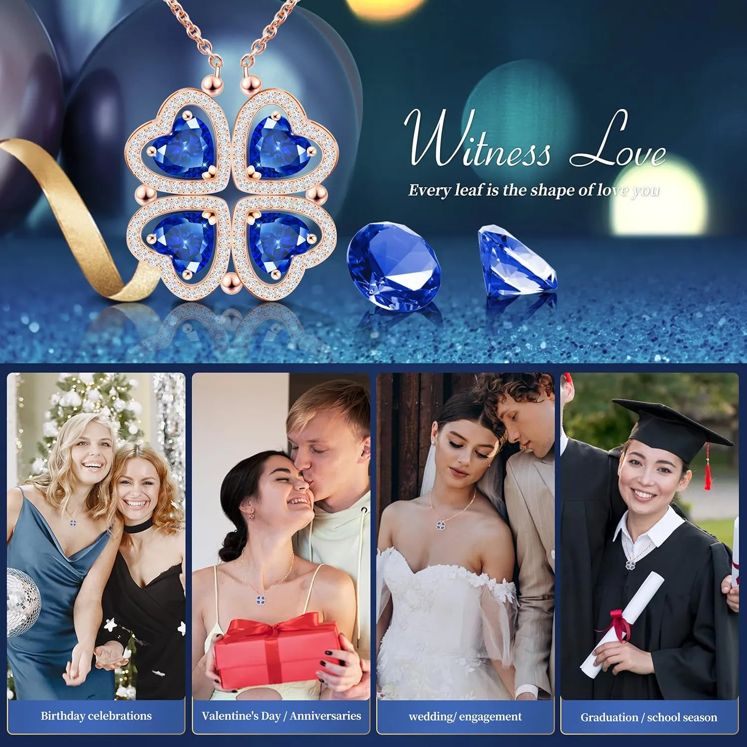 2 IN 1 Lucky Four Leaf Clover Necklaces for Women, Shamrock CZ Birthstone folding Heart Necklace, Extendable & Foldable Jewelry Gifts