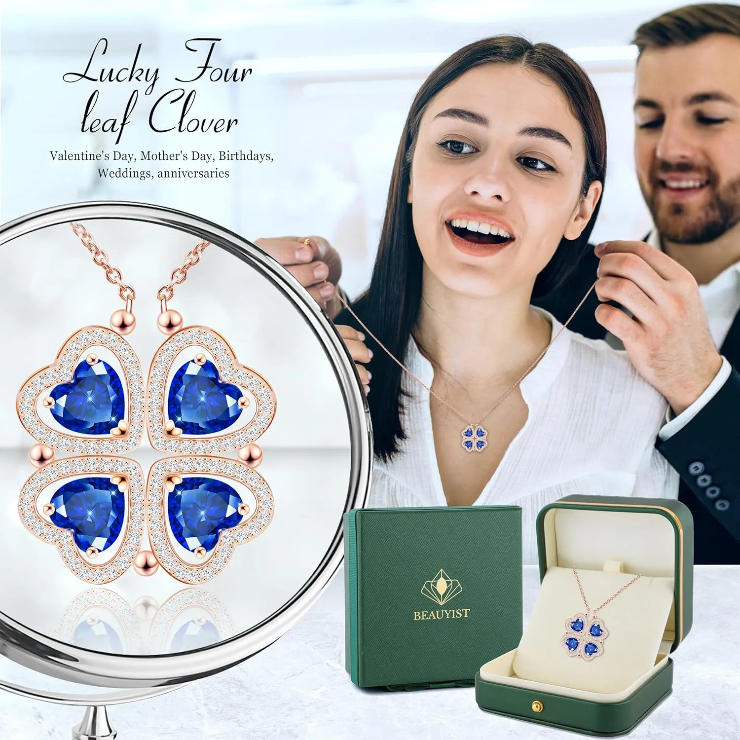 2 IN 1 Lucky Four Leaf Clover Necklaces for Women, Shamrock CZ Birthstone folding Heart Necklace, Extendable & Foldable Jewelry Gifts