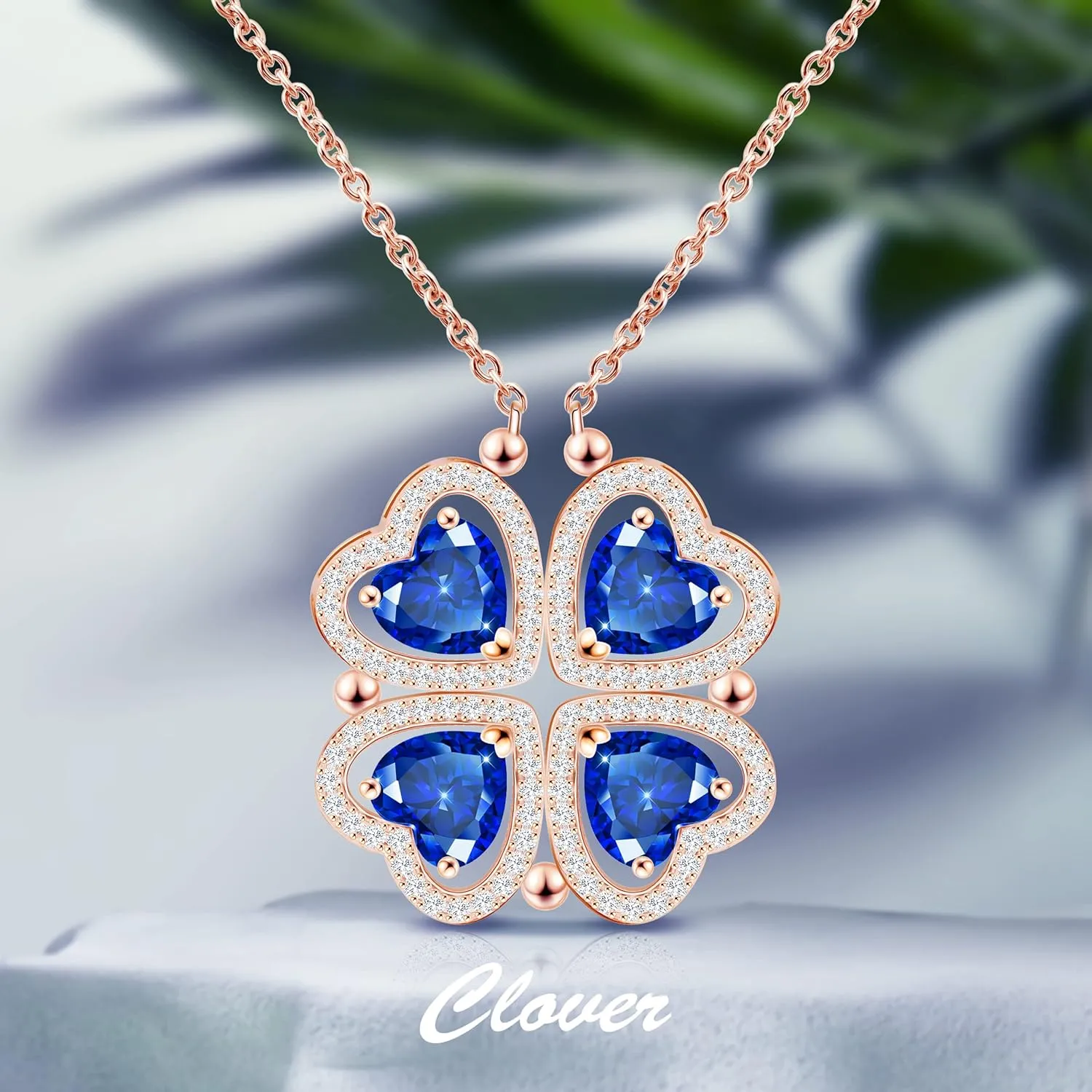 2 IN 1 Lucky Four Leaf Clover Necklaces for Women, Shamrock CZ Birthstone folding Heart Necklace, Extendable & Foldable Jewelry Gifts