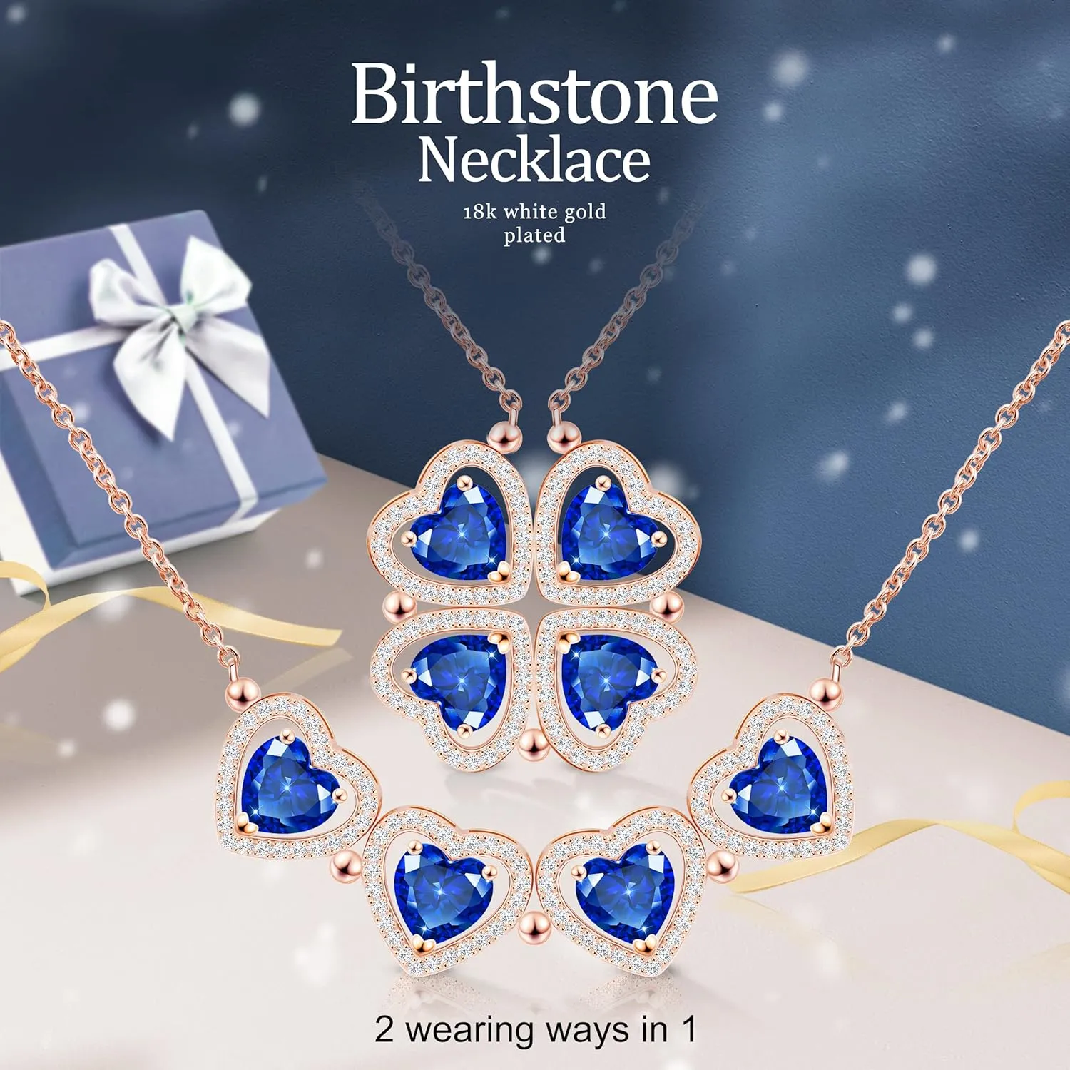 2 IN 1 Lucky Four Leaf Clover Necklaces for Women, Shamrock CZ Birthstone folding Heart Necklace, Extendable & Foldable Jewelry Gifts