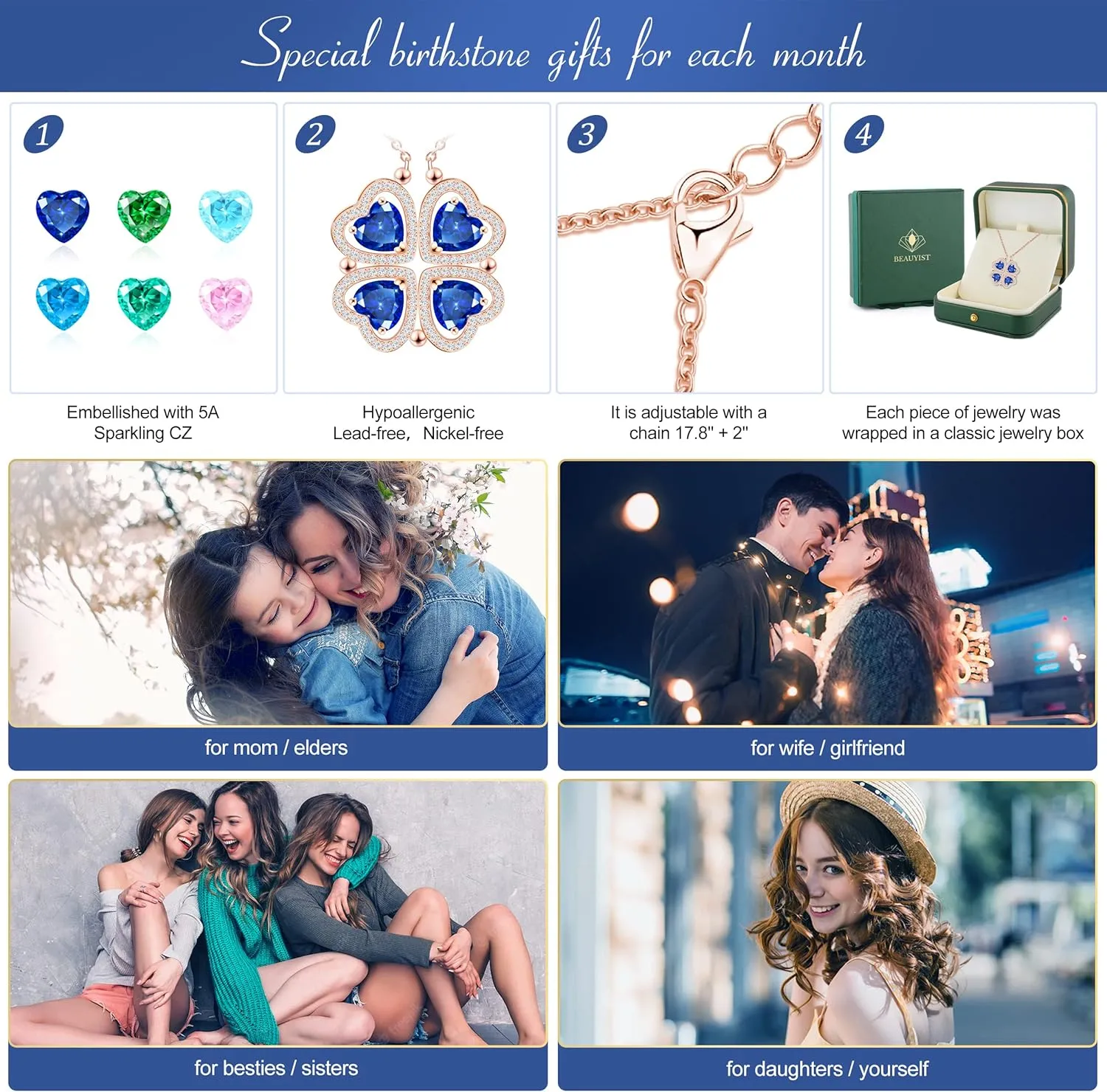 2 IN 1 Lucky Four Leaf Clover Necklaces for Women, Shamrock CZ Birthstone folding Heart Necklace, Extendable & Foldable Jewelry Gifts
