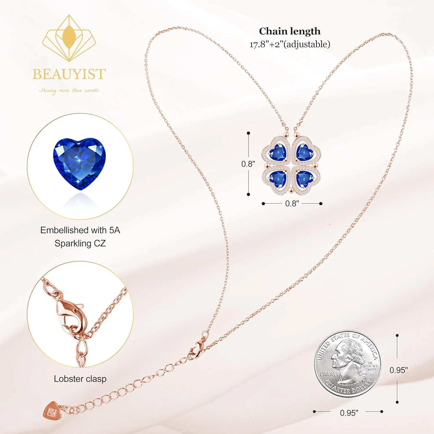 2 IN 1 Lucky Four Leaf Clover Necklaces for Women, Shamrock CZ Birthstone folding Heart Necklace, Extendable & Foldable Jewelry Gifts