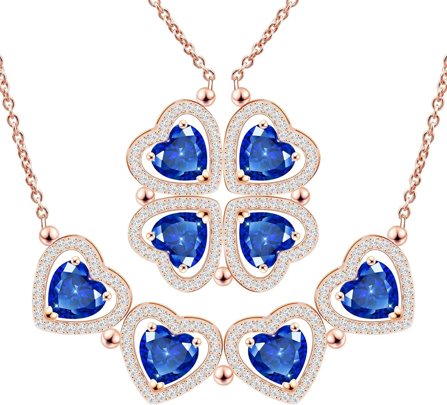 2 IN 1 Lucky Four Leaf Clover Necklaces for Women, Shamrock CZ Birthstone folding Heart Necklace, Extendable & Foldable Jewelry Gifts