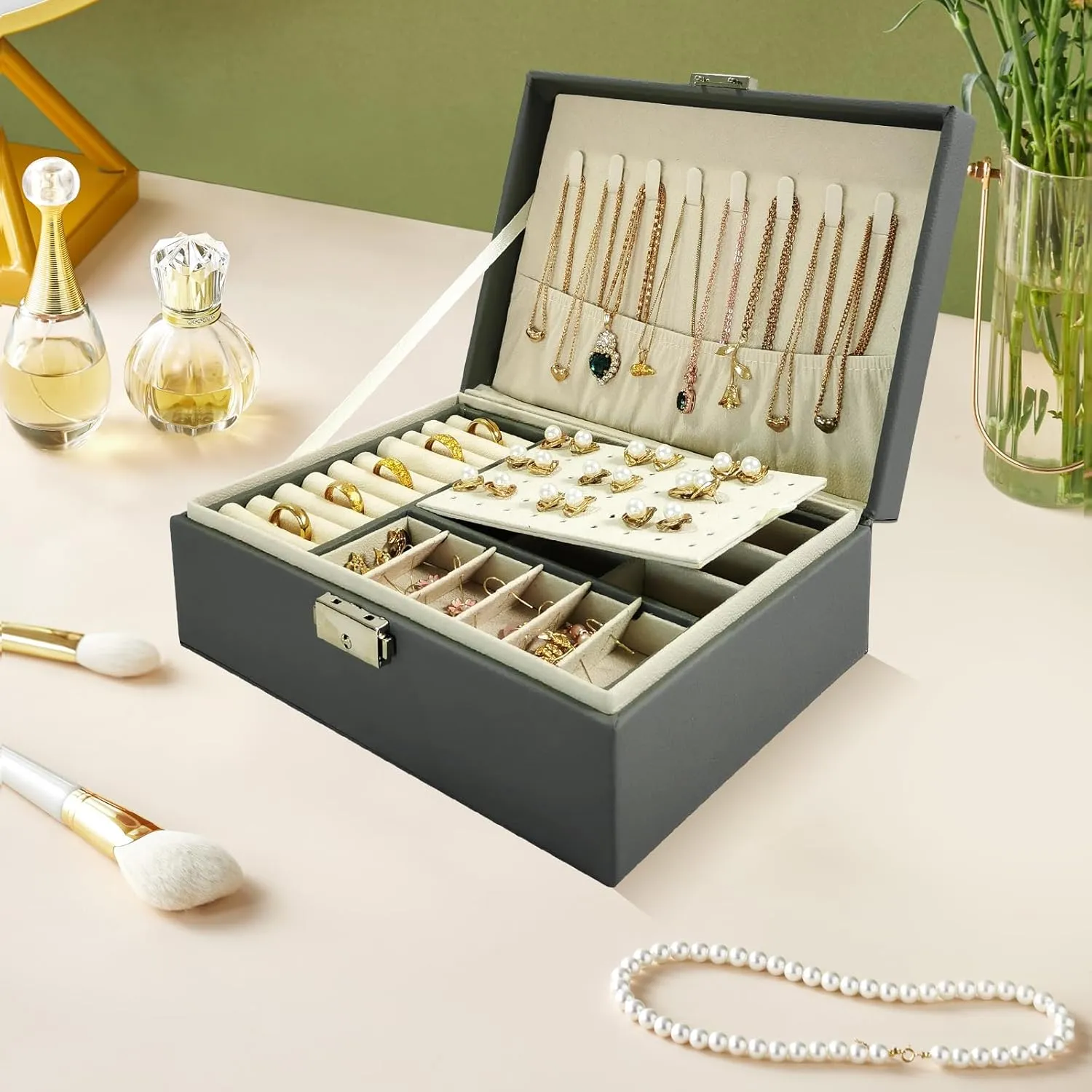 2 Layers PU Leather Jewelry Box Jewelry Organizer Box for Girls Gift Earring Organizer with Lock Jewelry Case Removable Tray for Necklace Earring Ring with Polishing Cloth and Jewelry Bags (Gray)