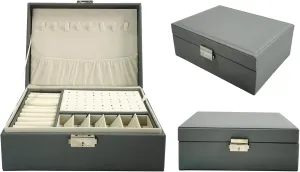 2 Layers PU Leather Jewelry Box Jewelry Organizer Box for Girls Gift Earring Organizer with Lock Jewelry Case Removable Tray for Necklace Earring Ring with Polishing Cloth and Jewelry Bags (Gray)