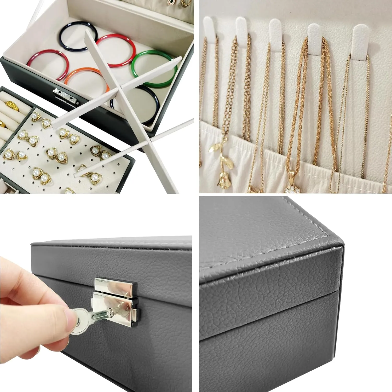 2 Layers PU Leather Jewelry Box Jewelry Organizer Box for Girls Gift Earring Organizer with Lock Jewelry Case Removable Tray for Necklace Earring Ring with Polishing Cloth and Jewelry Bags (Gray)