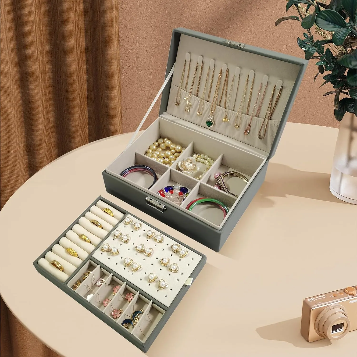 2 Layers PU Leather Jewelry Box Jewelry Organizer Box for Girls Gift Earring Organizer with Lock Jewelry Case Removable Tray for Necklace Earring Ring with Polishing Cloth and Jewelry Bags (Gray)
