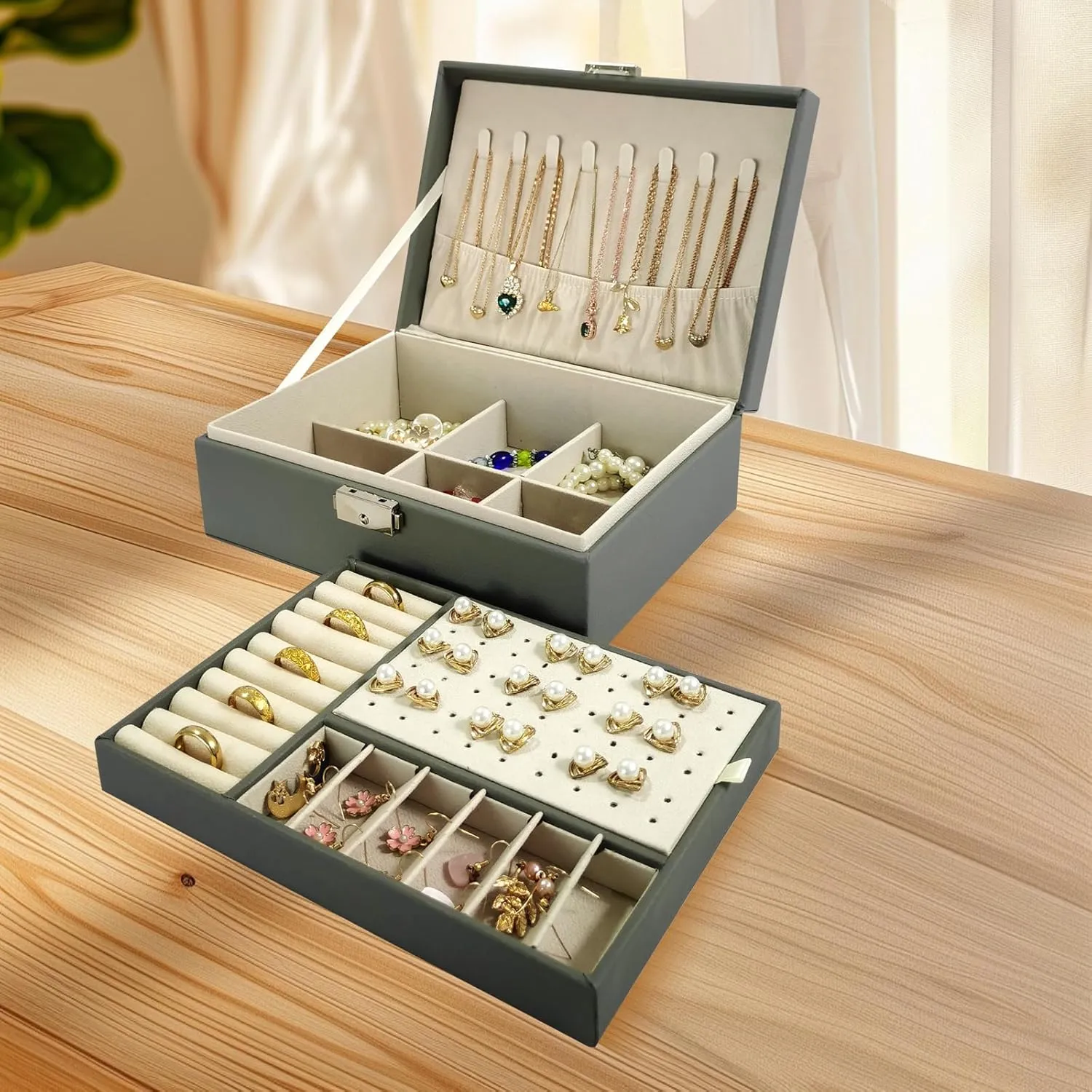 2 Layers PU Leather Jewelry Box Jewelry Organizer Box for Girls Gift Earring Organizer with Lock Jewelry Case Removable Tray for Necklace Earring Ring with Polishing Cloth and Jewelry Bags (Gray)