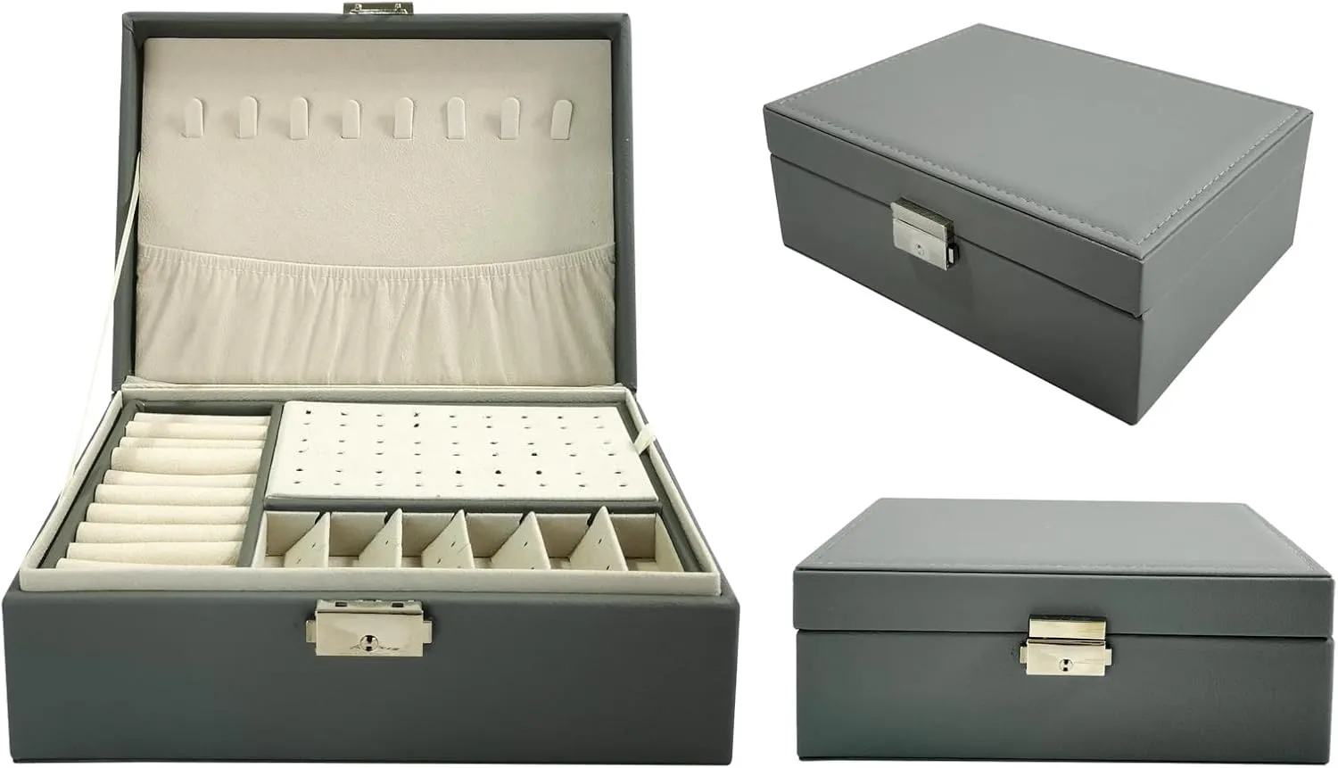 2 Layers PU Leather Jewelry Box Jewelry Organizer Box for Girls Gift Earring Organizer with Lock Jewelry Case Removable Tray for Necklace Earring Ring with Polishing Cloth and Jewelry Bags (Gray)