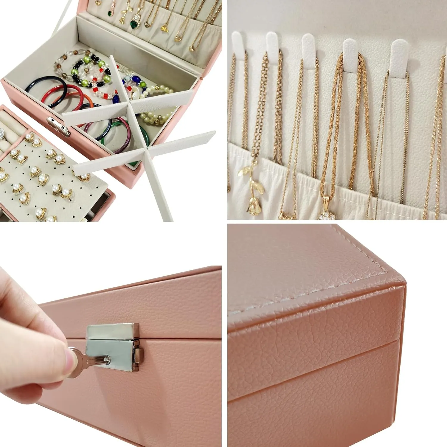 2 Layers PU Leather Jewelry Box Jewelry Organizer Box for Girls Gift Earring Organizer with Lock Jewelry Case Removable Tray for Necklace Earring Ring with Polishing Cloth and Jewelry Bags (Pink)