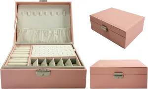 2 Layers PU Leather Jewelry Box Jewelry Organizer Box for Girls Gift Earring Organizer with Lock Jewelry Case Removable Tray for Necklace Earring Ring with Polishing Cloth and Jewelry Bags (Pink)