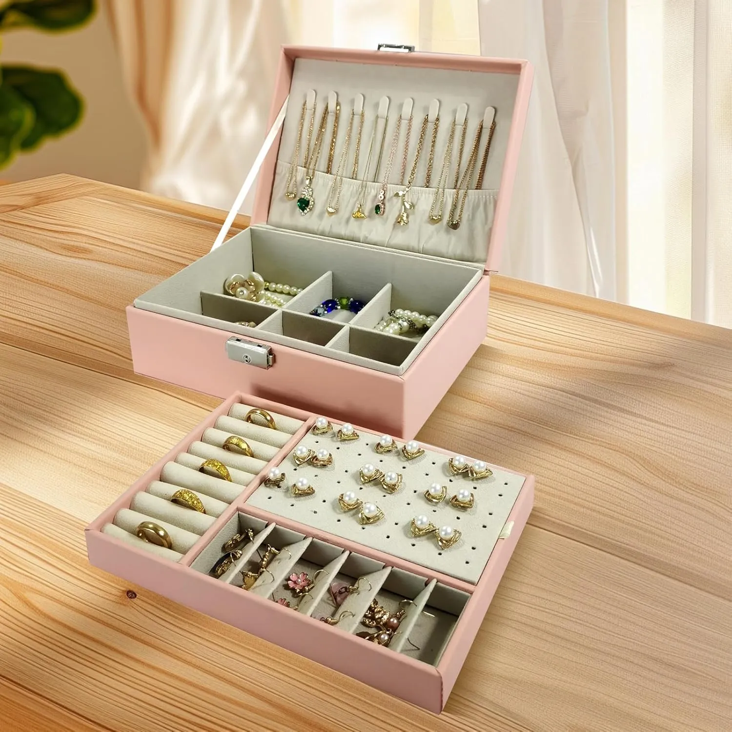 2 Layers PU Leather Jewelry Box Jewelry Organizer Box for Girls Gift Earring Organizer with Lock Jewelry Case Removable Tray for Necklace Earring Ring with Polishing Cloth and Jewelry Bags (Pink)
