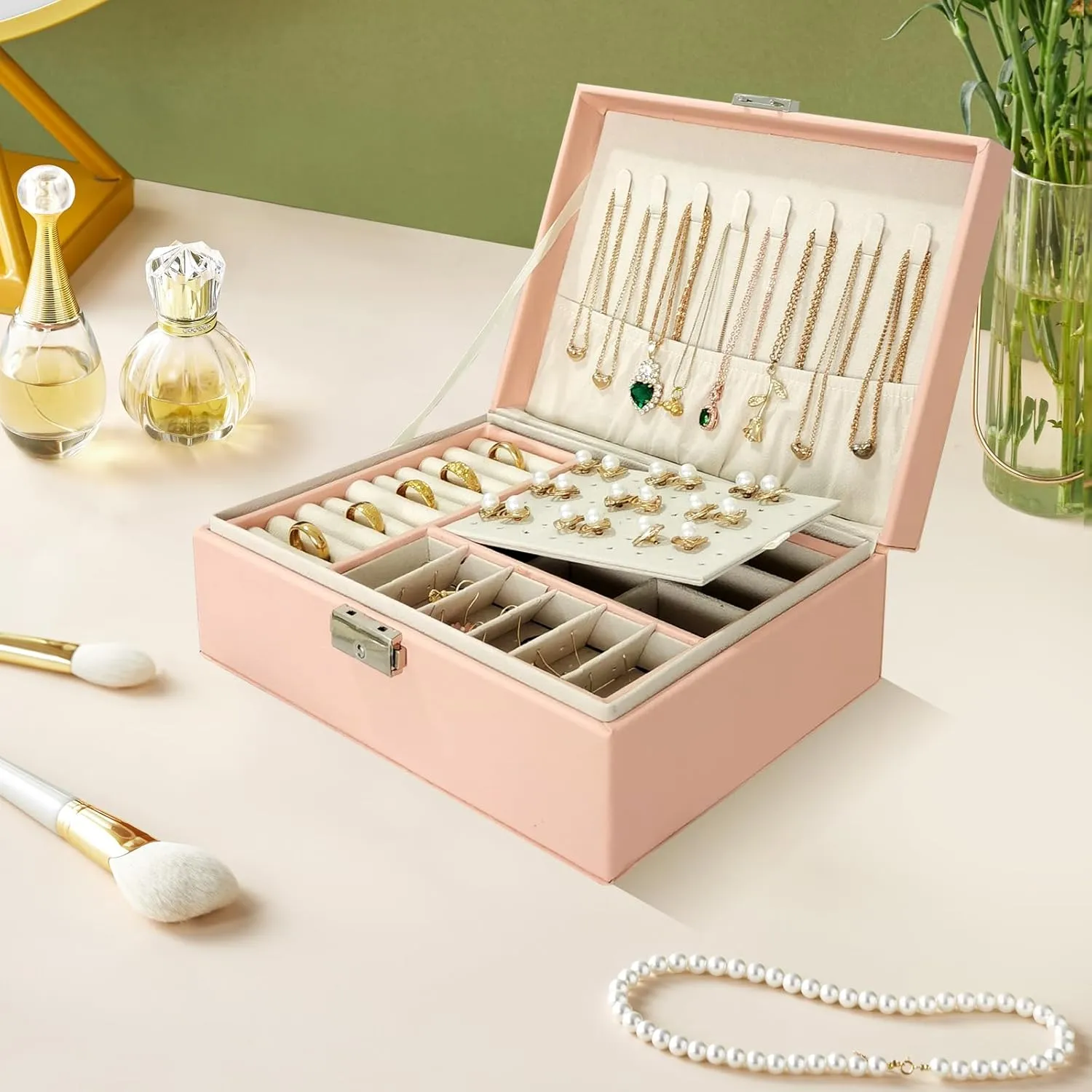 2 Layers PU Leather Jewelry Box Jewelry Organizer Box for Girls Gift Earring Organizer with Lock Jewelry Case Removable Tray for Necklace Earring Ring with Polishing Cloth and Jewelry Bags (Pink)