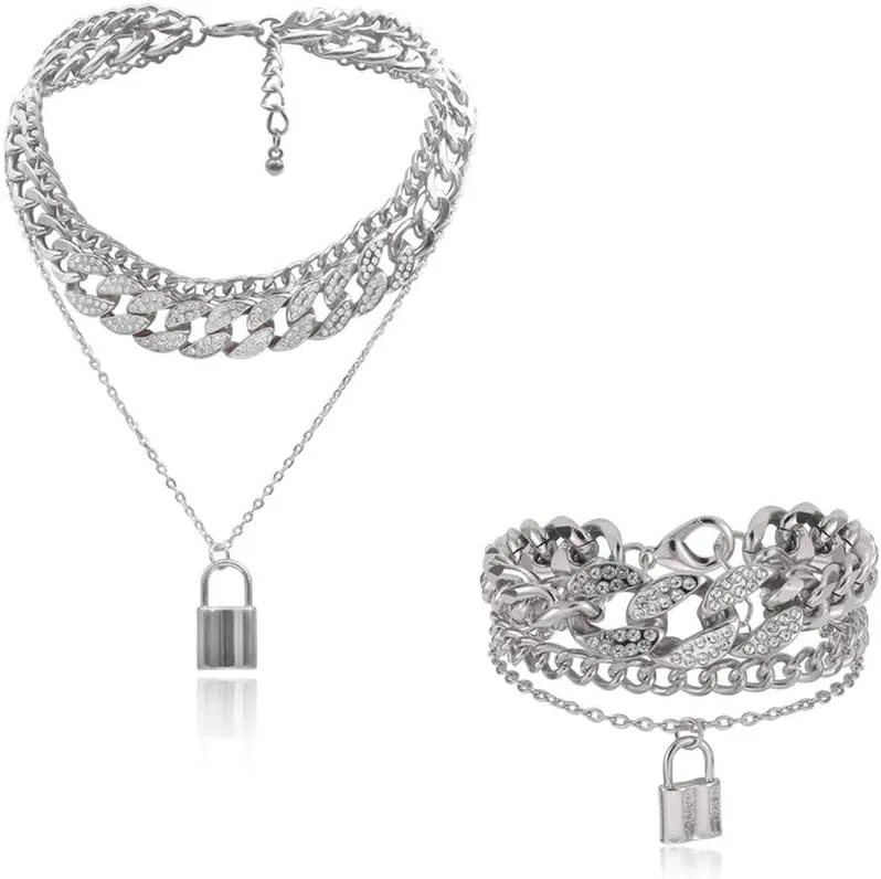2 Pcs Hip Hop Rhinestone Necklace Shiny Cuban Link Chain Choker Bling Collar Chains Chunky Necklace Bracelet Fashion Punk Lock Pendant Cool Jewelry Gifts Nightclub Jewelry for Women