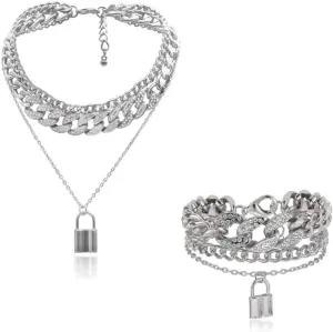 2 Pcs Hip Hop Rhinestone Necklace Shiny Cuban Link Chain Choker Bling Collar Chains Chunky Necklace Bracelet Fashion Punk Lock Pendant Cool Jewelry Gifts Nightclub Jewelry for Women