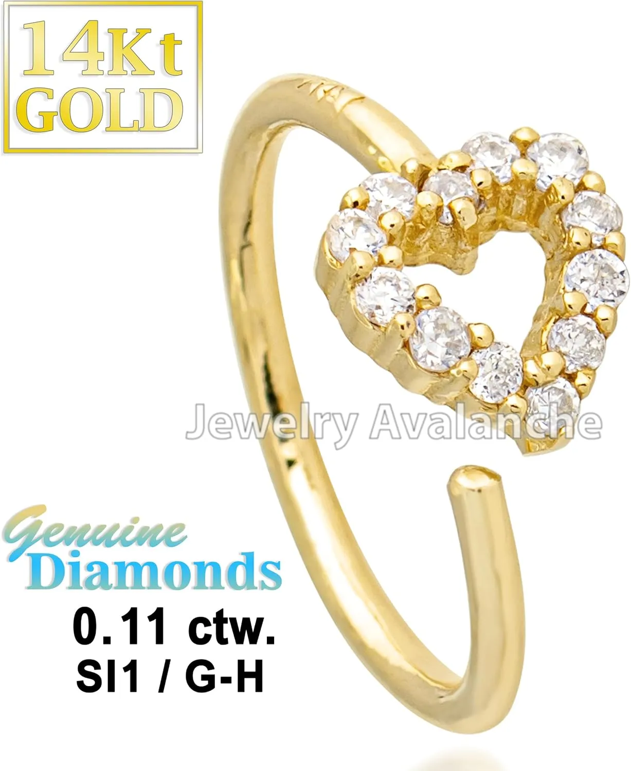 20G 14K Gold Heart Nose Ring, 0.11ctw Diamond Nose Hoop, Twist-open 5/16"(8mm) Nose Ring, April Birthstone Hoop Unisex