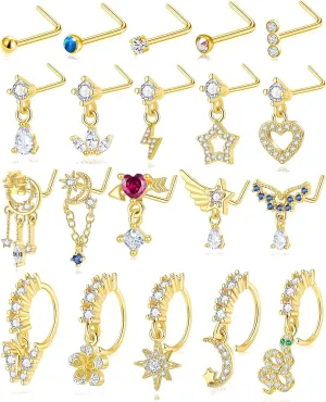 20Pcs 20G Dangle Nose Rings L Shaped Nose Stud Hoops Dangling Stainless Steel Nose Ring CZ Opal Butterfly Water Drop Flower Indian Nose Piercing Jewelry with Charm for Women Gold Silver Tone