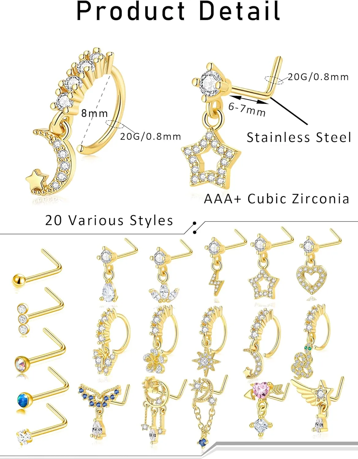 20Pcs 20G Dangle Nose Rings L Shaped Nose Stud Hoops Dangling Stainless Steel Nose Ring CZ Opal Butterfly Water Drop Flower Indian Nose Piercing Jewelry with Charm for Women Gold Silver Tone