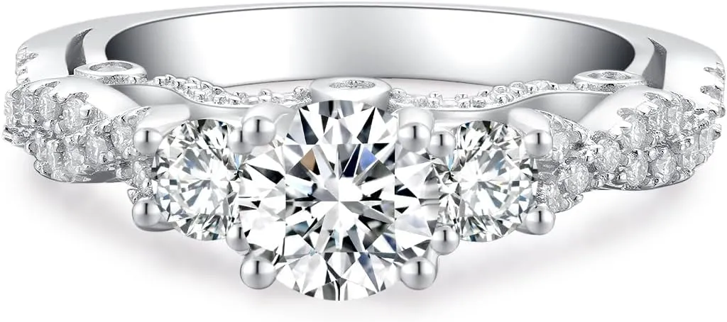 2.2 Carat (ctw) Round 3-Stone Engagement Rings for Women, Moissanite D Color 925 Silver Ring for Women, Platinum Plated Sterling Silver Ring, Twisting Infinite Promise Wedding Ring