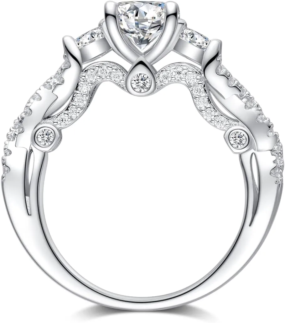 2.2 Carat (ctw) Round 3-Stone Engagement Rings for Women, Moissanite D Color 925 Silver Ring for Women, Platinum Plated Sterling Silver Ring, Twisting Infinite Promise Wedding Ring