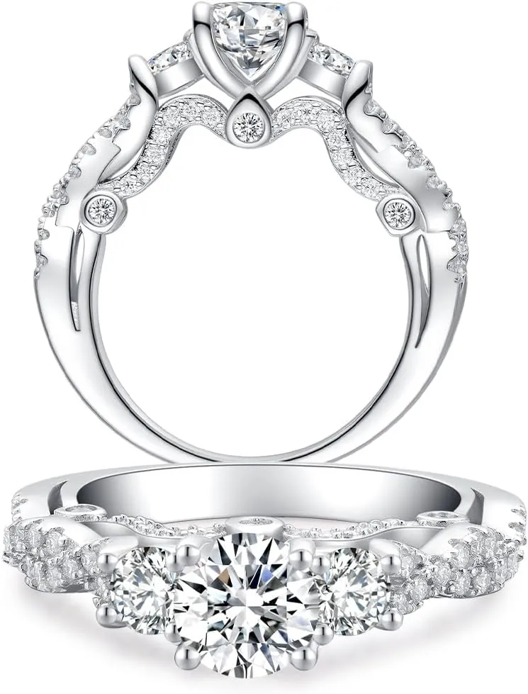 2.2 Carat (ctw) Round 3-Stone Engagement Rings for Women, Moissanite D Color 925 Silver Ring for Women, Platinum Plated Sterling Silver Ring, Twisting Infinite Promise Wedding Ring