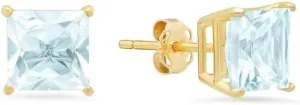 24K Yellow Gold Plated Stud Earrings | 2 Cttw Created Earring | Yellow Gold Plated Aquamarine BirthStone Earrings Jewelry | Princess Cut Stud Earrings | Pushback Back Finding | 4 Prongs Settings Earring | Gift for Women