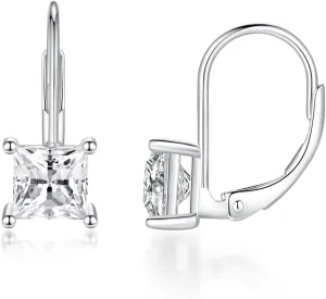 2CT Princess Cut Moissanite Drop/Stud Earrings for Women,Platinum Plated S925 Sterling Silver Square Diamond Lever Back Earrings, Lab Grown Diamond Earrings