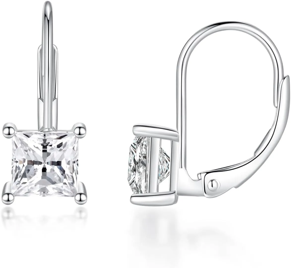 2CT Princess Cut Moissanite Drop/Stud Earrings for Women,Platinum Plated S925 Sterling Silver Square Diamond Lever Back Earrings, Lab Grown Diamond Earrings