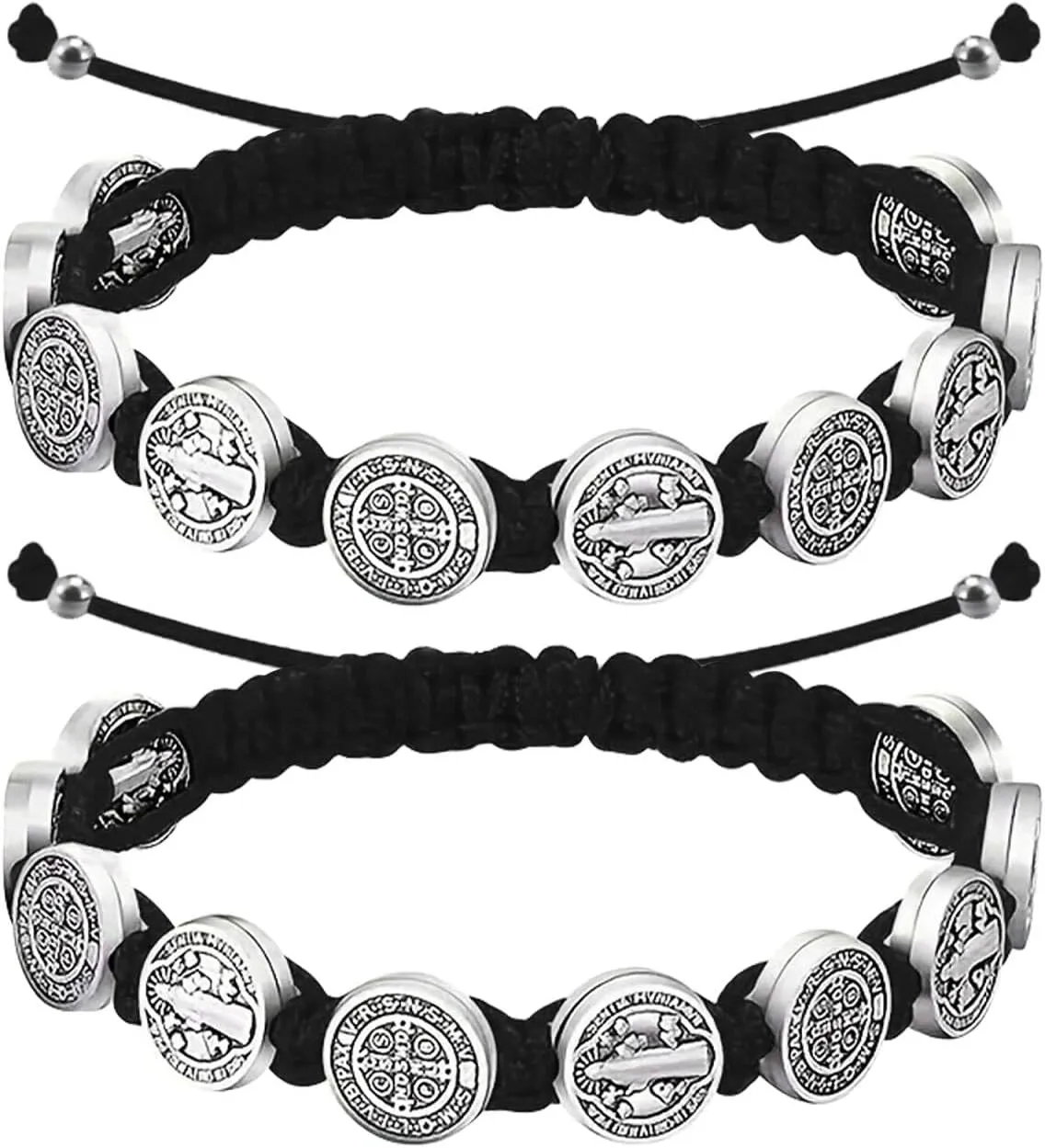 2Pcs Catholic Medalla de San Benito Rosary Bracelet Adjustable Black String St Benedict Bracelets for Easter Party Favor Prayer Blessing Protection Men Women