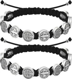 2Pcs Catholic Medalla de San Benito Rosary Bracelet Adjustable Black String St Benedict Bracelets for Easter Party Favor Prayer Blessing Protection Men Women
