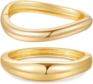 2pcs Gold Bangle Bracelets for Women, Trendy Hinged Cuff Open Wide Chunky Gold Bracelet Stack Arm Cuff Jewelry for Women
