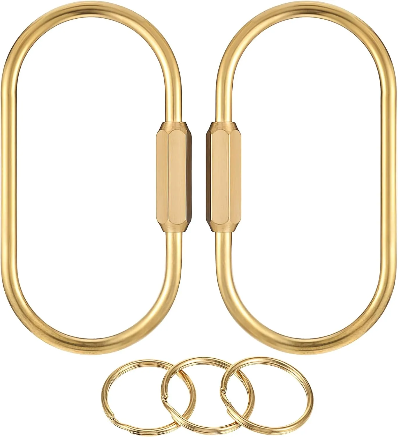 2Pcs Small Locking Carabiner Gold Brass Screw Lock Key Ring Brass Keychain Clip Screw Locking Key Chain for Women Men Oval Key Holder Organizer for Car Keys Handbag Purse