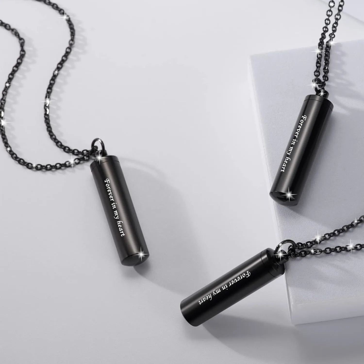 3 Pack Urn Necklace for Ashes Memorial Cremation Jewelry for Ashes, Cylinder Urn Locket for Ashes Stainless Steel Urns Pendant Keepsake Jewelry with Words: Forever in my heart & Funnel Kit & Bag