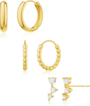 3 Pairs Gold Hoop Earrings Stack Set for Multiple Piercings,14K Gold Plated Tiny Trendy Huggie&stud Ear ring Stackings for Women, Hypoallergenic Stackable Cartilage Non Tarnish Hoops Gifts