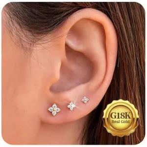 3 Pairs Gold/Silver Stud Earrings for Women Hypoallergenic,18K Gold Plated/Silver 4/5/6mm Cubic Zirconia Earrings Set Dainty,Small Diamond Earring Stack Cartilage Piercing Lightweight