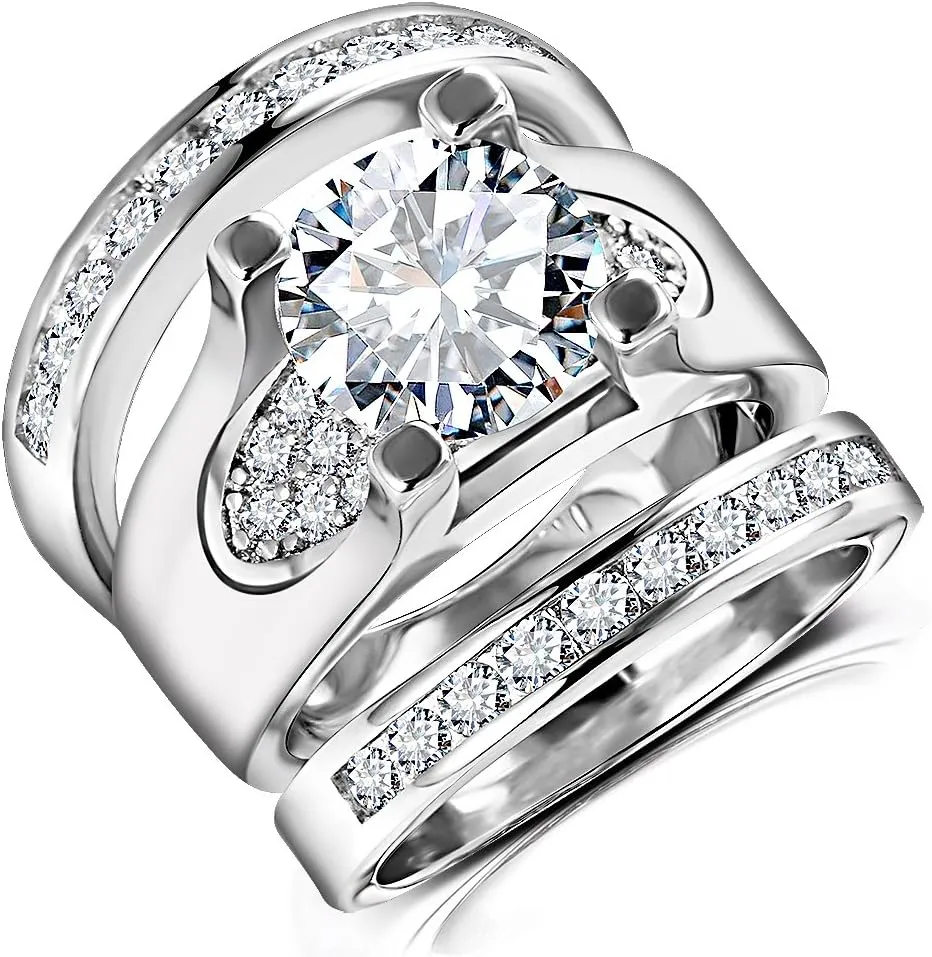 3 PCS Round Cut CZ Bridal Sets - 5.56 Ct Cubic Zirconia Silver Color Promise Engagement Wedding Rings Set for Women