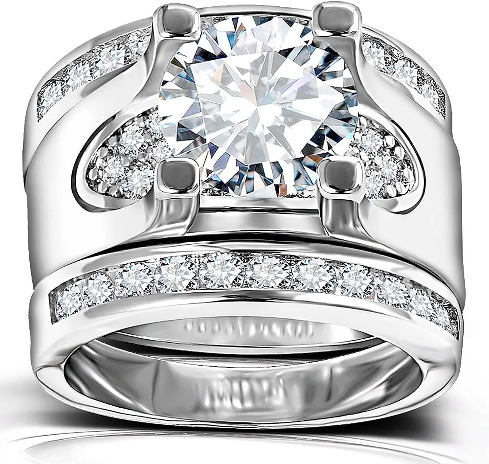 3 PCS Round Cut CZ Bridal Sets - 5.56 Ct Cubic Zirconia Silver Color Promise Engagement Wedding Rings Set for Women