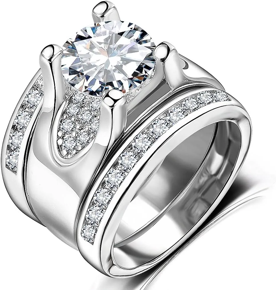 3 PCS Round Cut CZ Bridal Sets - 5.56 Ct Cubic Zirconia Silver Color Promise Engagement Wedding Rings Set for Women