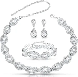 3 Pcs Women Crystal Jewelry Set Includes Bridal Wedding Rhinestone Choker Necklace Crystal Bracelets and Dangle Earrings