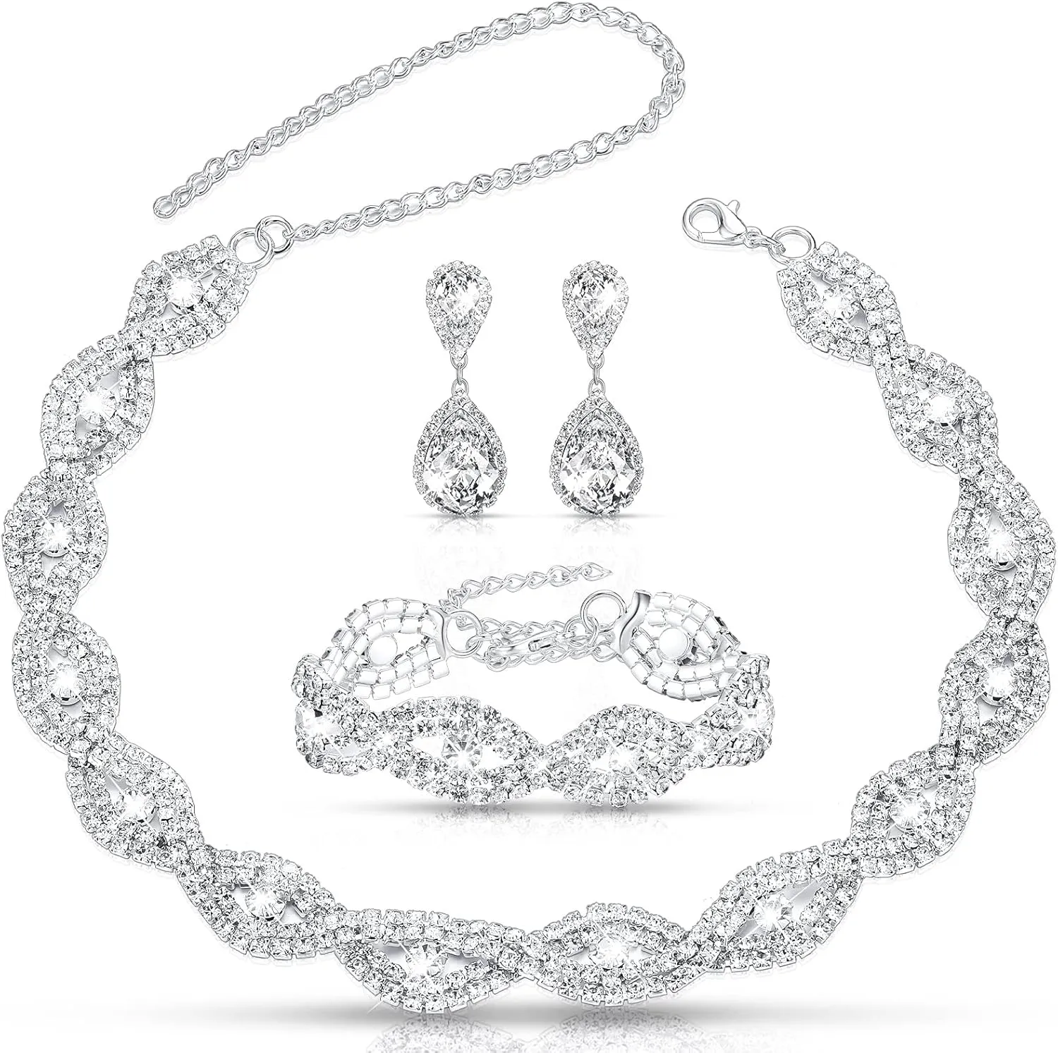 3 Pcs Women Crystal Jewelry Set Includes Bridal Wedding Rhinestone Choker Necklace Crystal Bracelets and Dangle Earrings