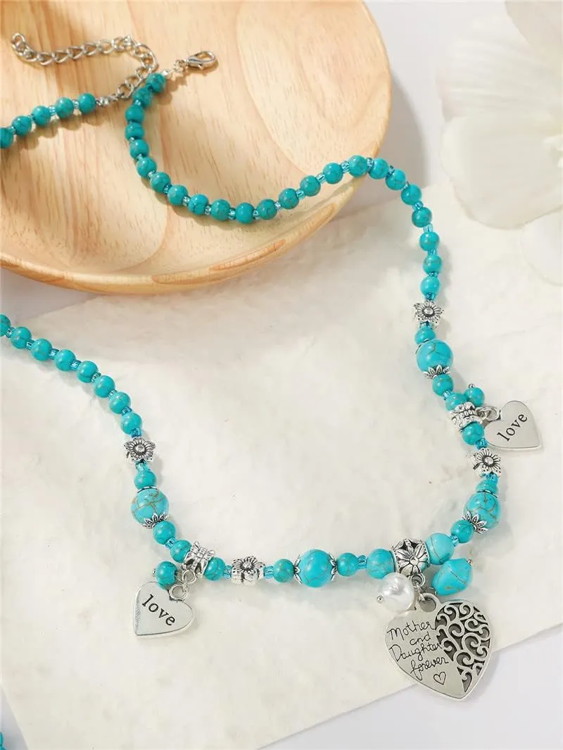 3 Pieces Bohemian Turquoise Set Turquoise Beads Pendant Necklace Vintage Turquoise Dangle Earrings, Stretchable Turquoise Bracelet for Women Statement Boho Ethnic Western Jewelry Set
