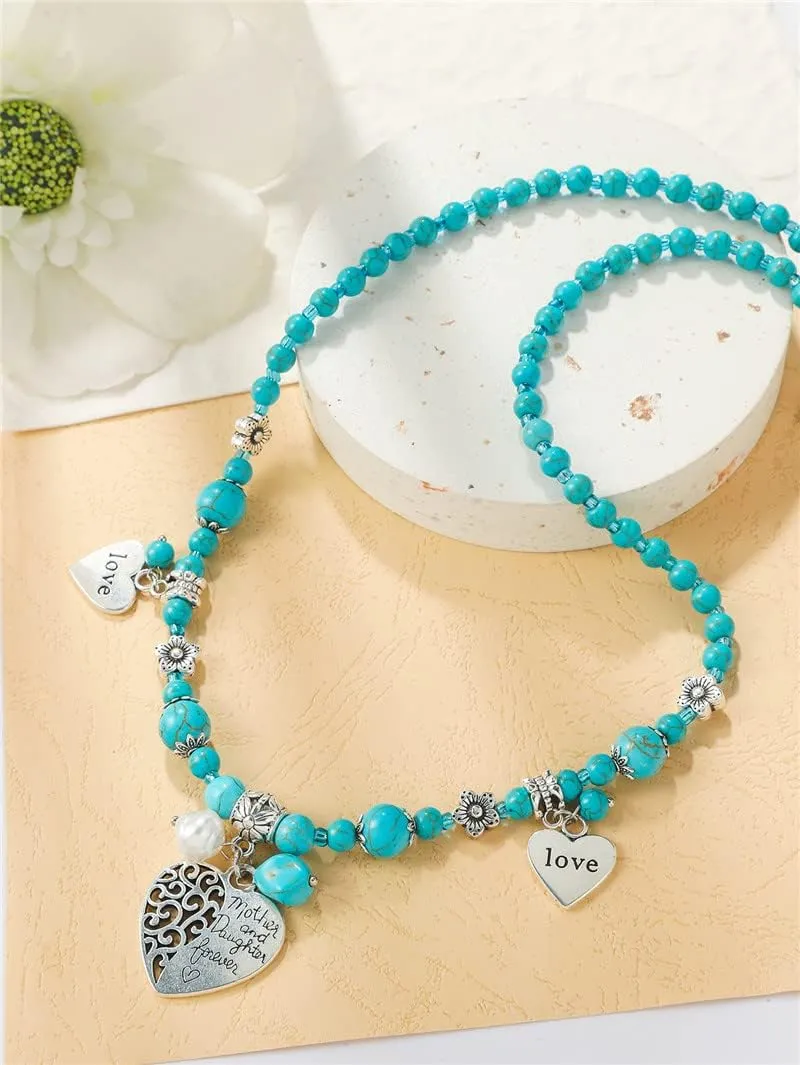 3 Pieces Bohemian Turquoise Set Turquoise Beads Pendant Necklace Vintage Turquoise Dangle Earrings, Stretchable Turquoise Bracelet for Women Statement Boho Ethnic Western Jewelry Set
