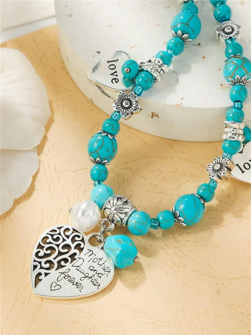 3 Pieces Bohemian Turquoise Set Turquoise Beads Pendant Necklace Vintage Turquoise Dangle Earrings, Stretchable Turquoise Bracelet for Women Statement Boho Ethnic Western Jewelry Set
