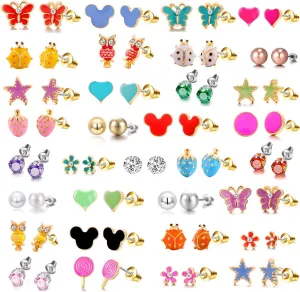 33 Pairs Stainless Steel Cartoon Earrings for Girls - Hypoallergenic Colorful Stud Earing Set, Mix & Match Cute Earring for Teens, Kids, Doll Dressup Accessories