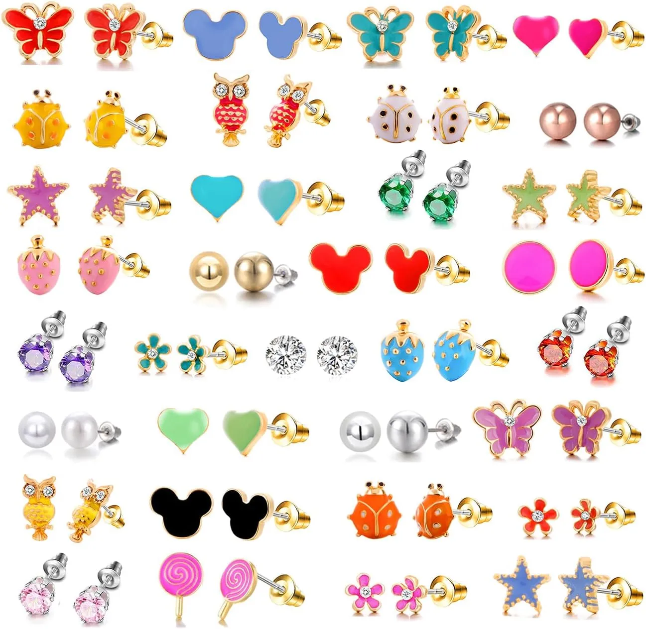 33 Pairs Stainless Steel Cartoon Earrings for Girls - Hypoallergenic Colorful Stud Earing Set, Mix & Match Cute Earring for Teens, Kids, Doll Dressup Accessories