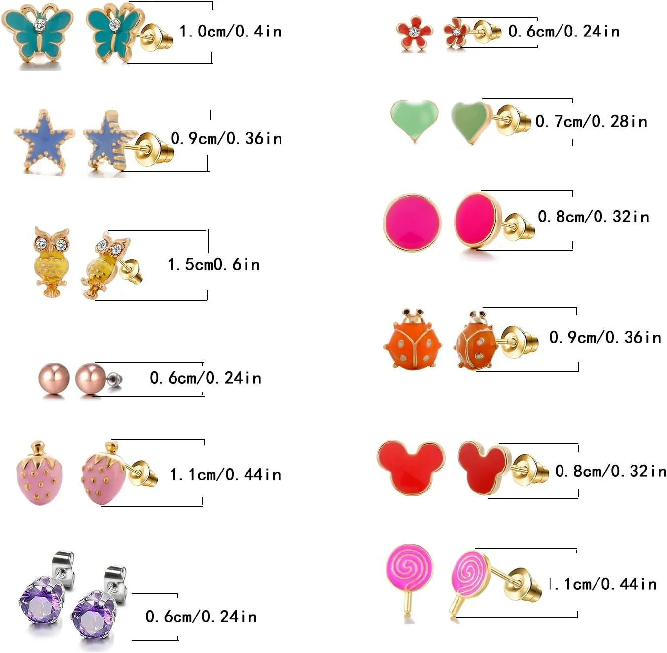 33 Pairs Stainless Steel Cartoon Earrings for Girls - Hypoallergenic Colorful Stud Earing Set, Mix & Match Cute Earring for Teens, Kids, Doll Dressup Accessories