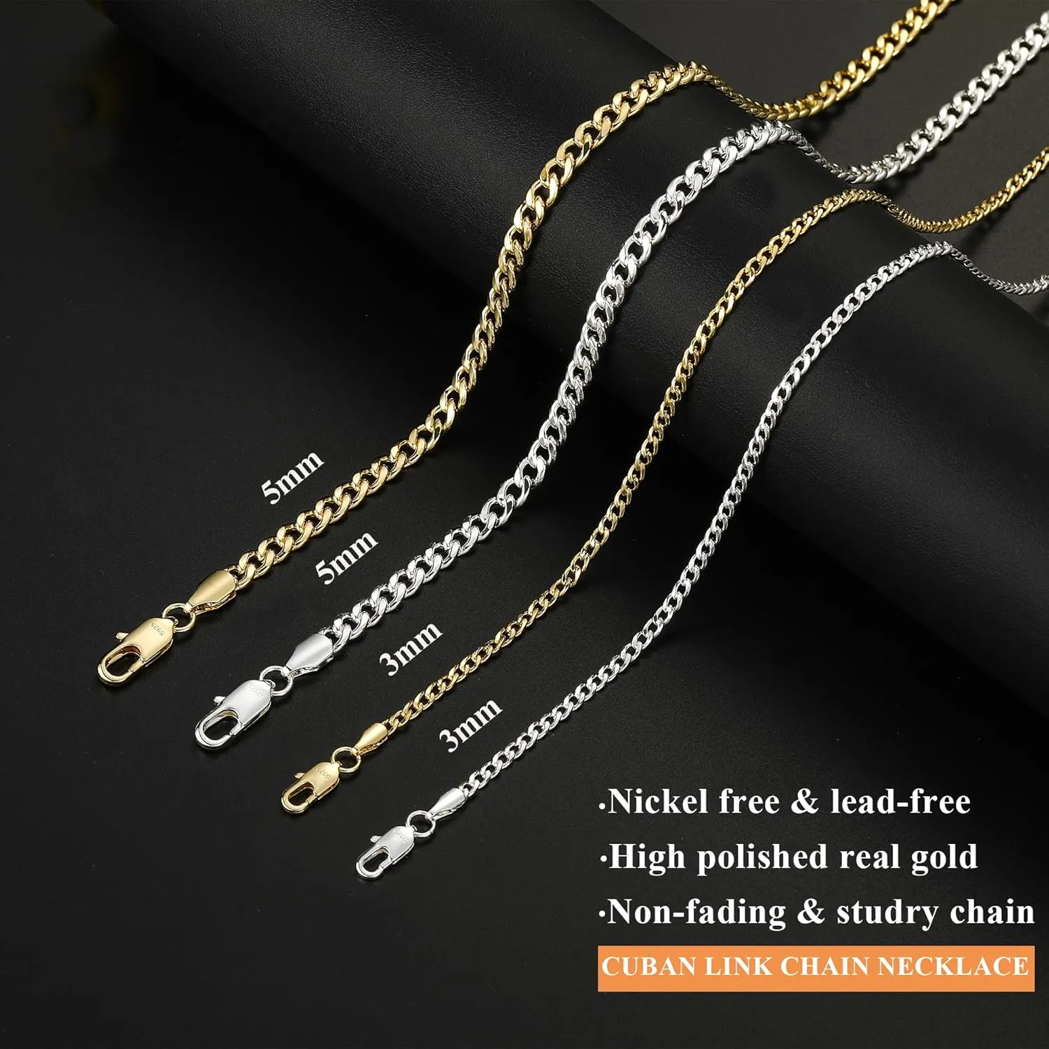 3/5mm 14K Real Gold/Real Silver Plated Cuban Chain for Men Boys, Stainless Steel Cuban Link Chain for Men Boys Sturdy Non-Fading Necklace Fathers Jewelery Gifts for Him 16/18/20/22/24 Inch