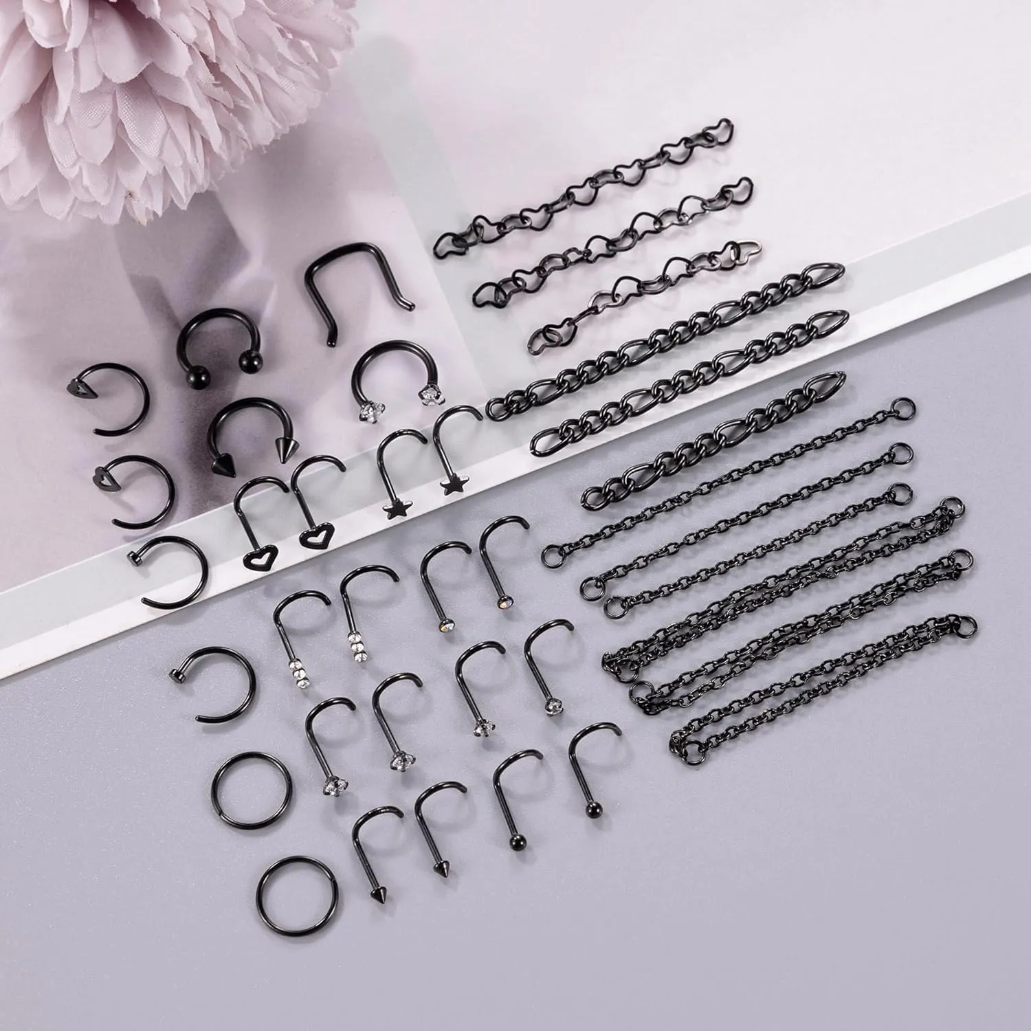 38Pcs 316L Stainless Steel Nose Ring for Women Men Heart Nose Stud Chain Double Nose Chain Piercing Across Nose CZ Nose Piercing Stud Nostril Jewelry