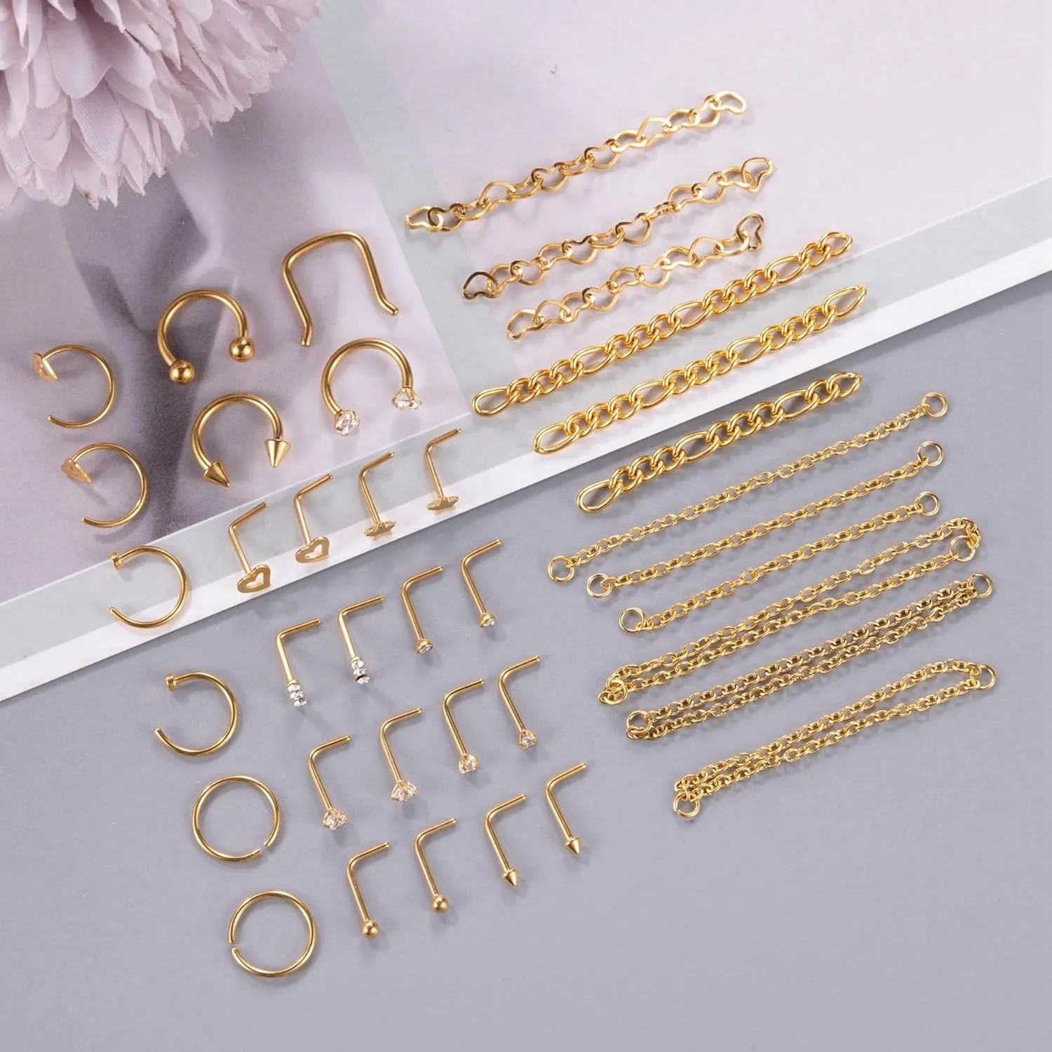 38Pcs 316L Stainless Steel Nose Ring for Women Men Heart Nose Stud Chain Double Nose Chain Piercing Across Nose CZ Nose Piercing Stud Nostril Jewelry